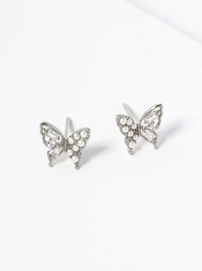 White Gold Dipped Pearl CZ Pave Butterfly Stud Earrings