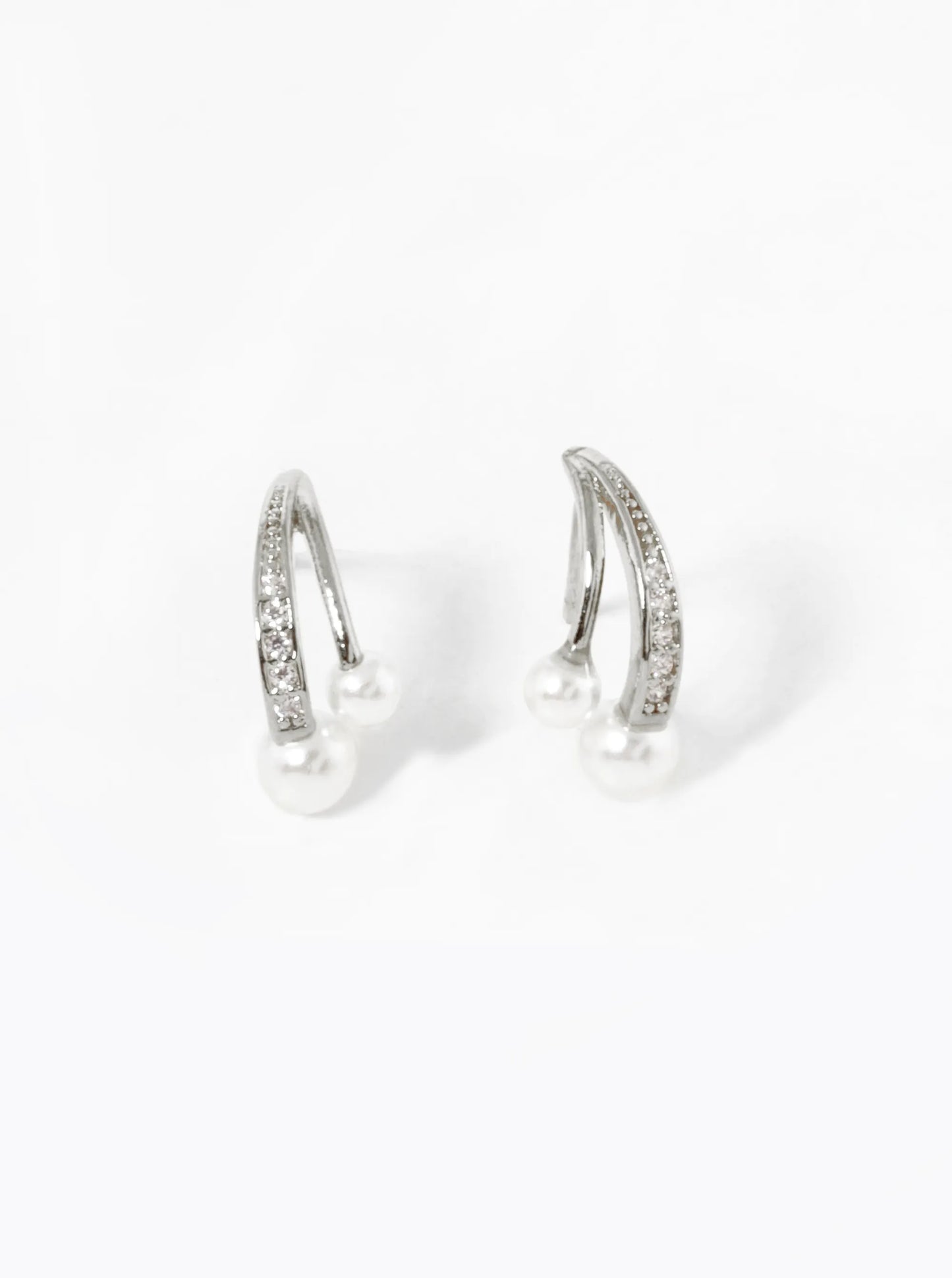 White Gold Dipped Pearl CZ Pave Curved Double Bar Stud Earrings
