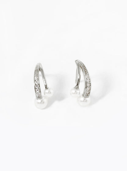 White Gold Dipped Pearl CZ Pave Curved Double Bar Stud Earrings