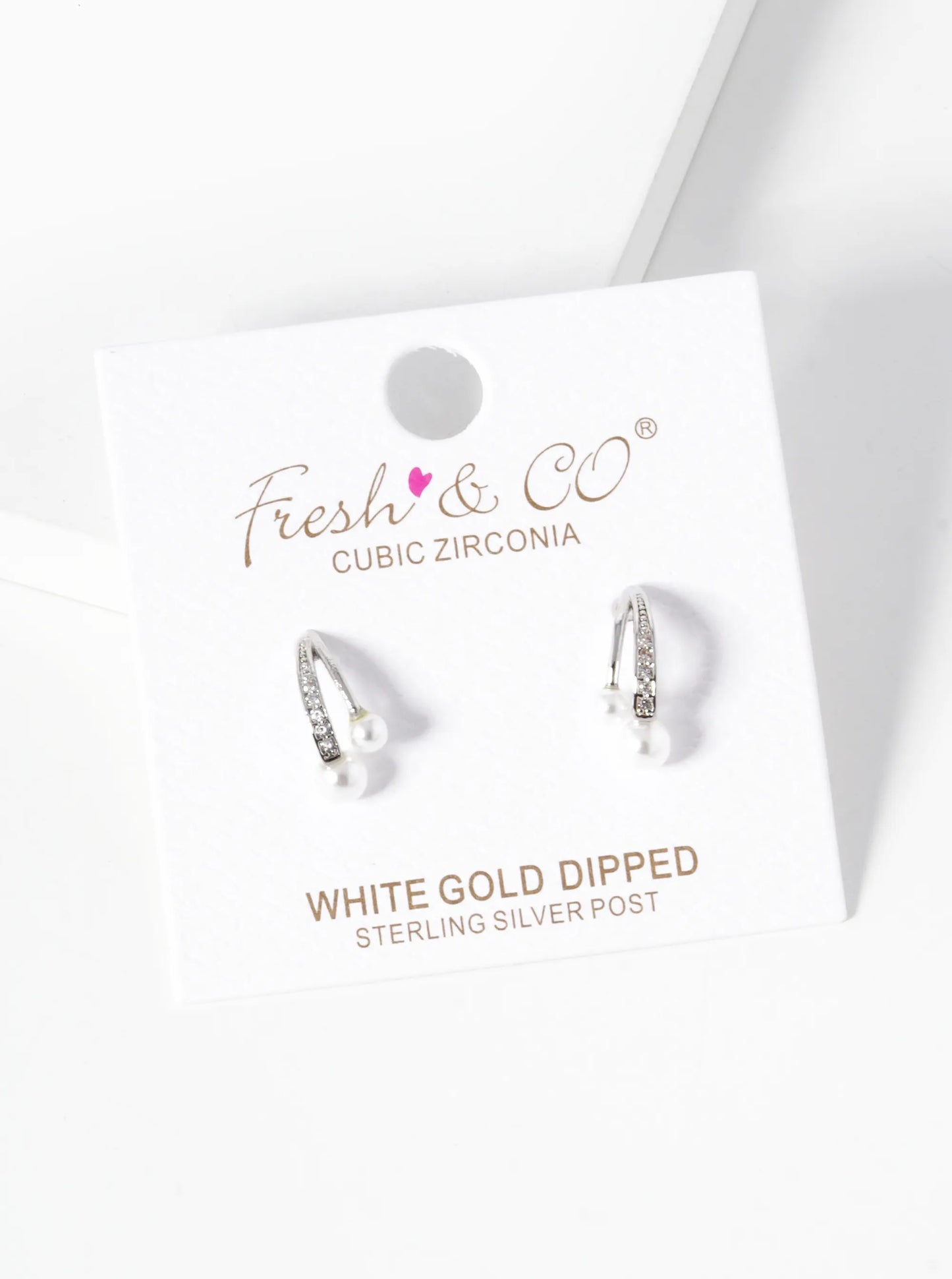 White Gold Dipped Pearl CZ Pave Curved Double Bar Stud Earrings
