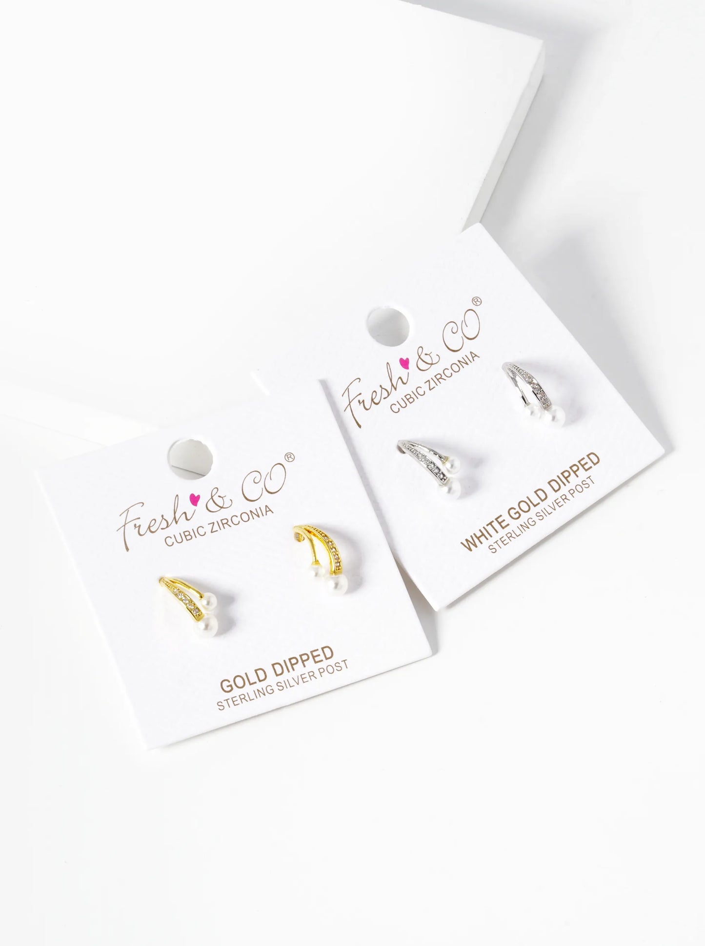 White Gold Dipped Pearl CZ Pave Curved Double Bar Stud Earrings