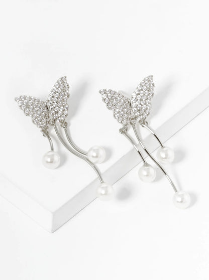 White Gold Dipped Pearl Drop CZ Pave Butterfly Dangle Earrings