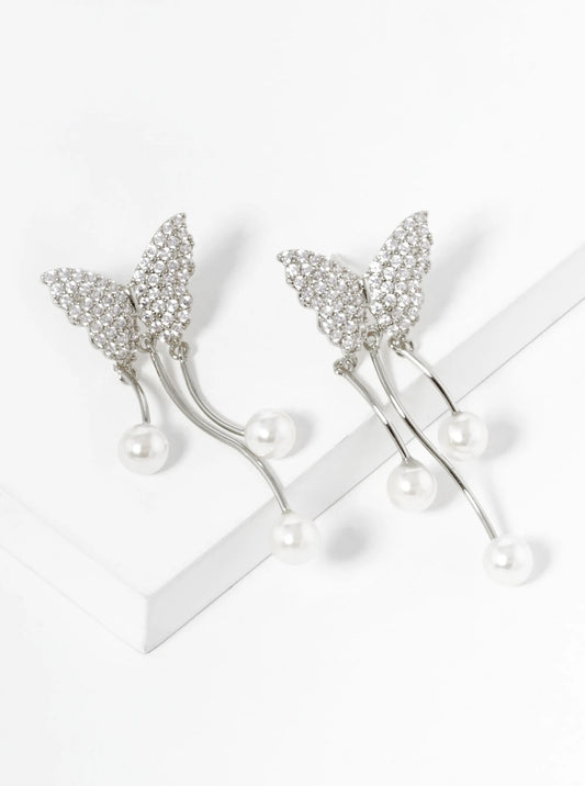 White Gold Dipped Pearl Drop CZ Pave Butterfly Dangle Earrings