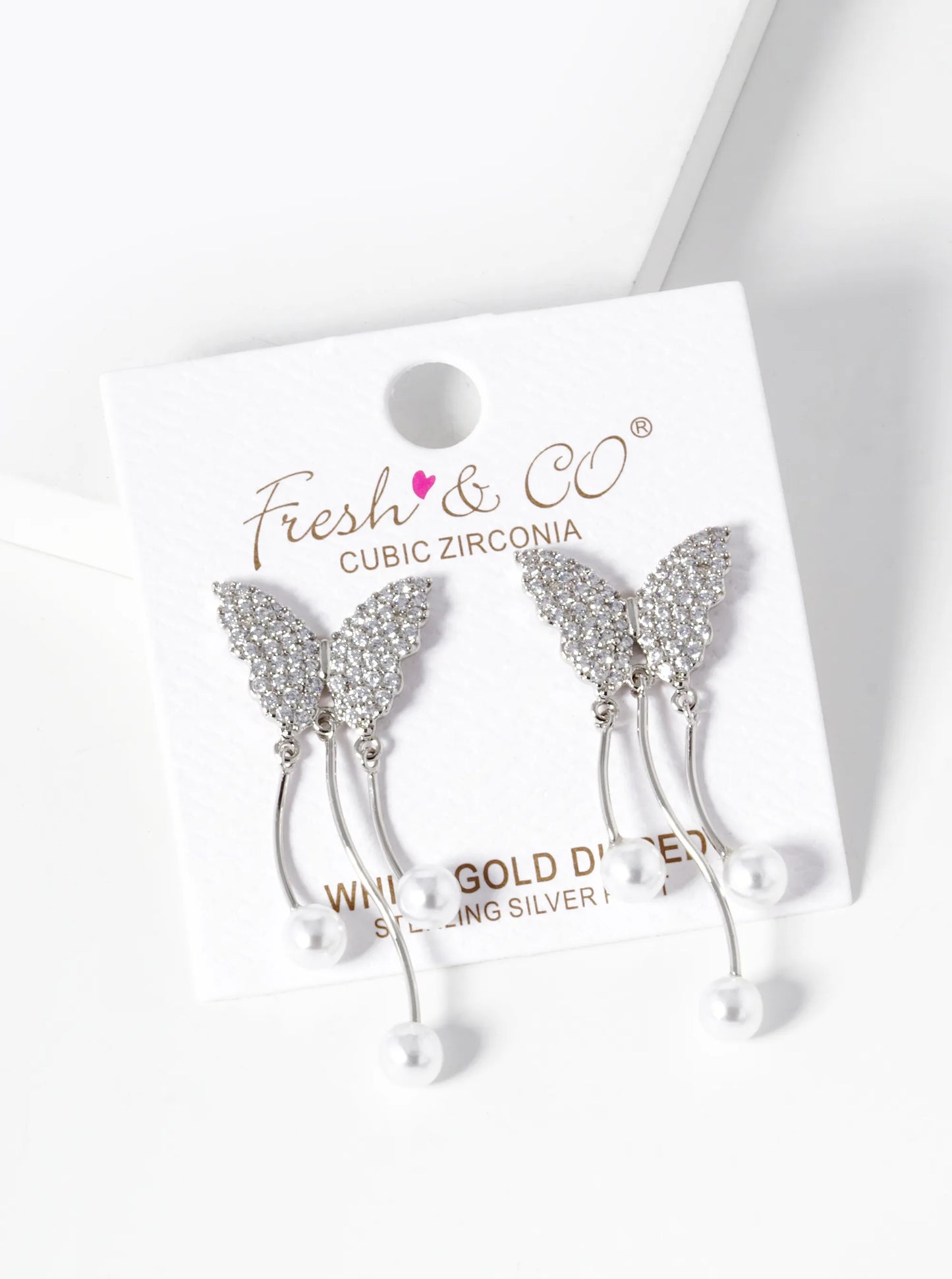 White Gold Dipped Pearl Drop CZ Pave Butterfly Dangle Earrings