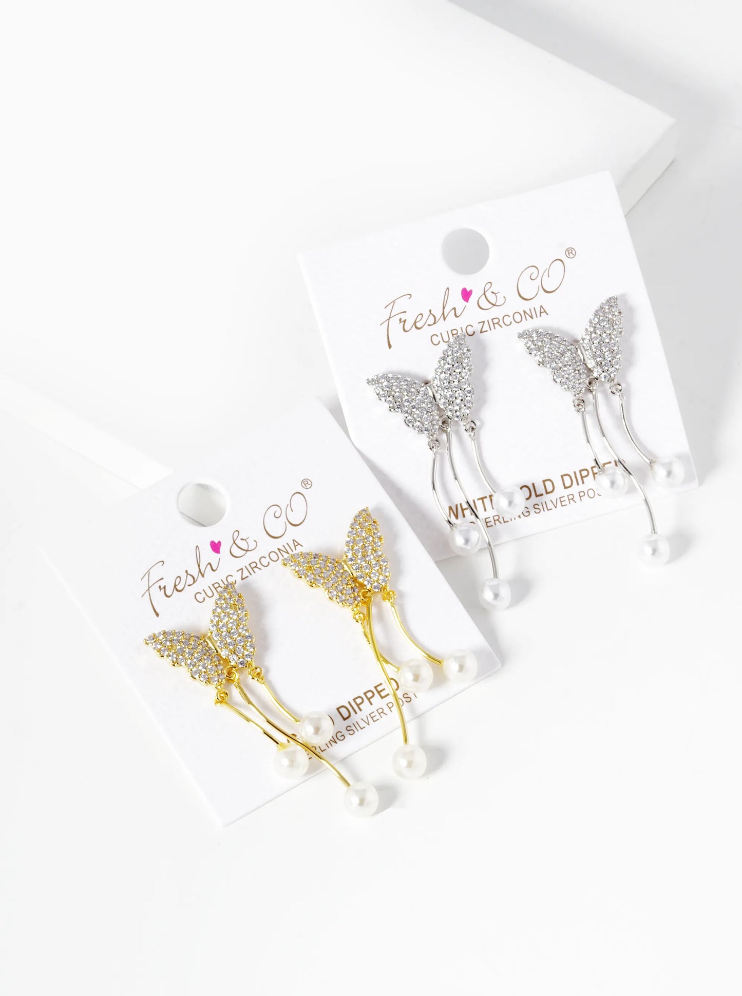 White Gold Dipped Pearl Drop CZ Pave Butterfly Dangle Earrings