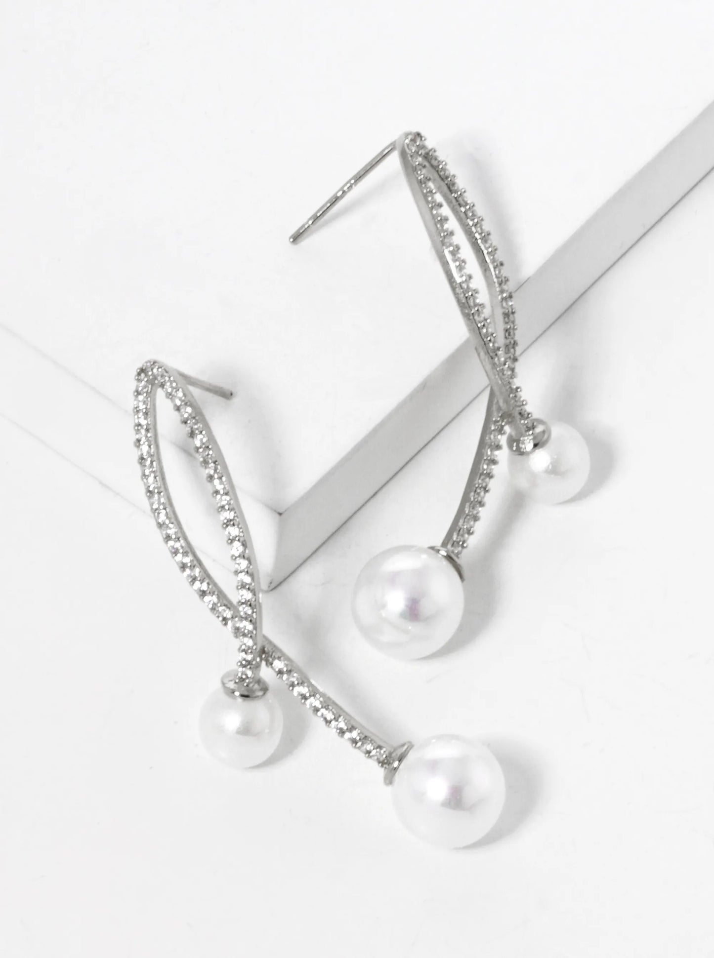 White Gold Dipped Pearl Drop CZ Pave Curved Double Bar Post Earrings