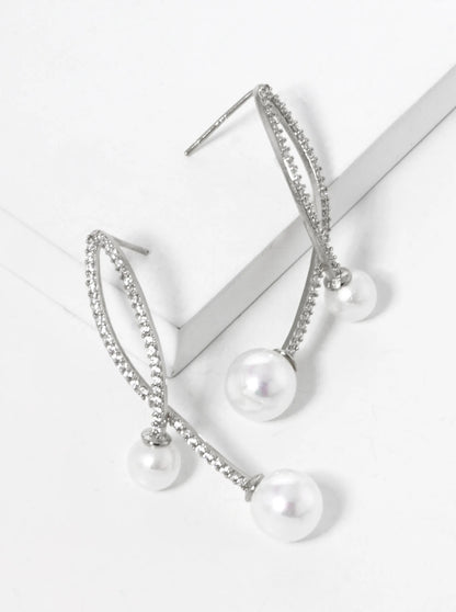 White Gold Dipped Pearl Drop CZ Pave Curved Double Bar Post Earrings