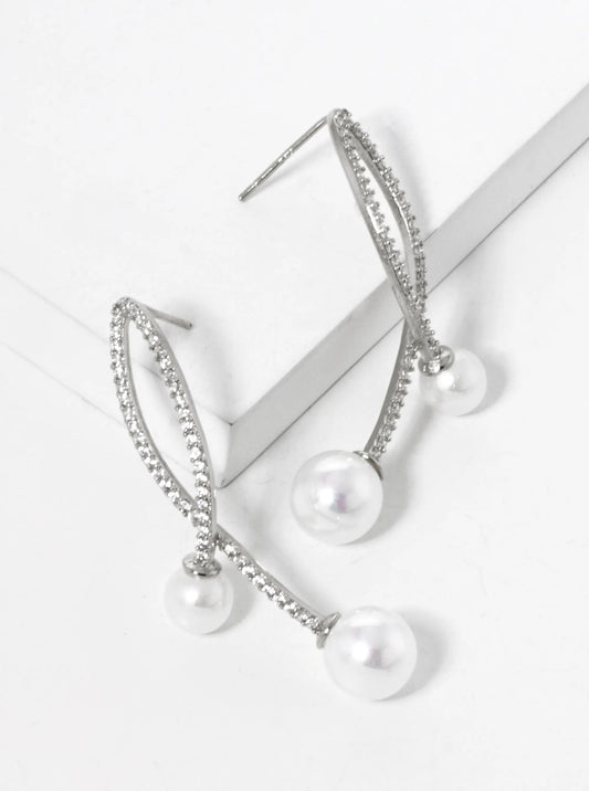 White Gold Dipped Pearl Drop CZ Pave Curved Double Bar Post Earrings