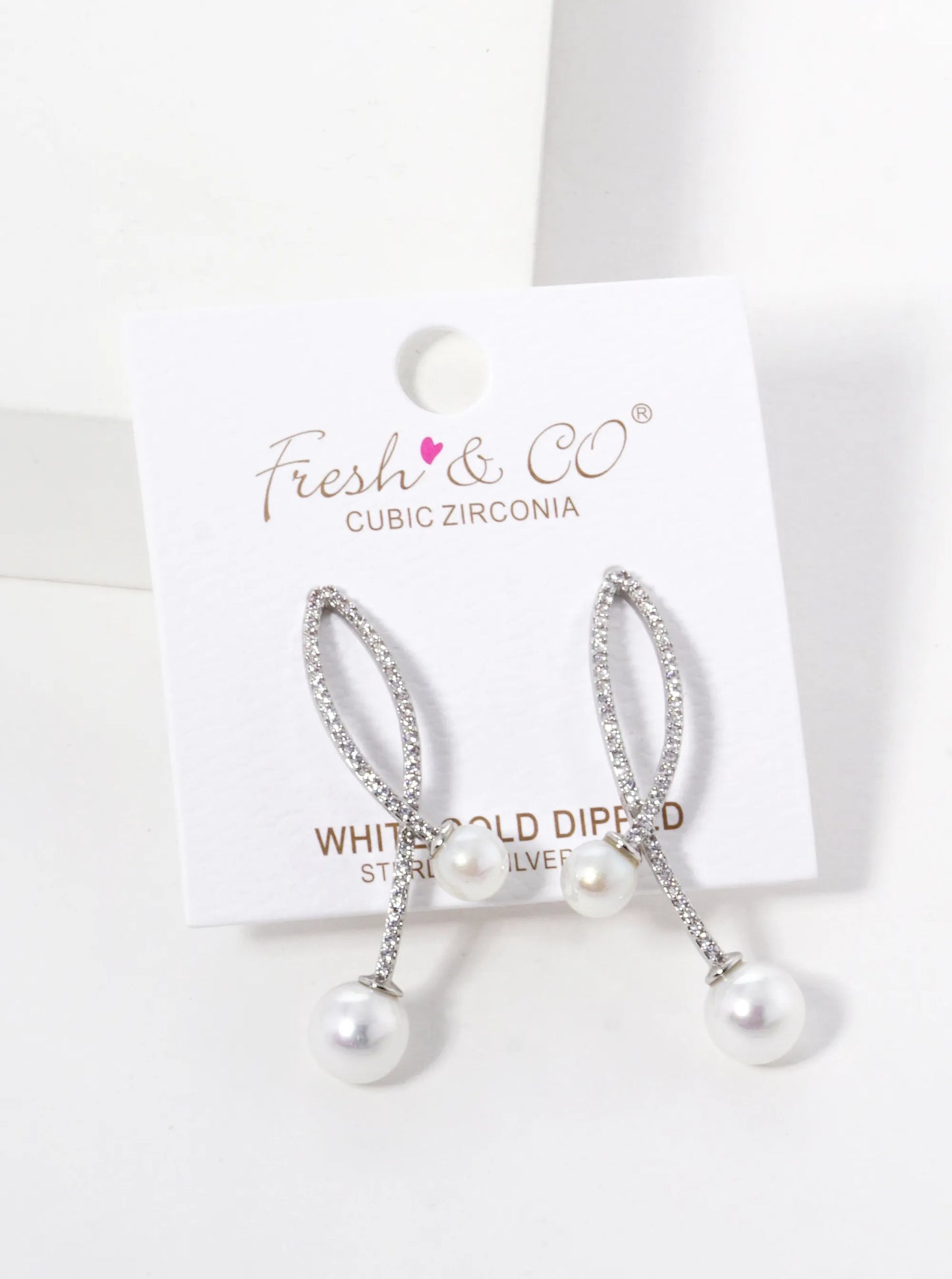 White Gold Dipped Pearl Drop CZ Pave Curved Double Bar Post Earrings