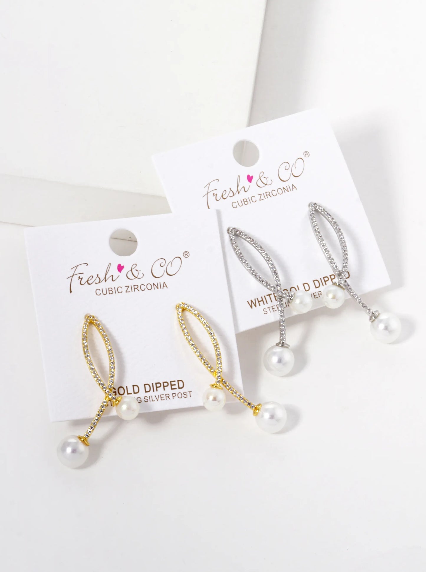 White Gold Dipped Pearl Drop CZ Pave Curved Double Bar Post Earrings