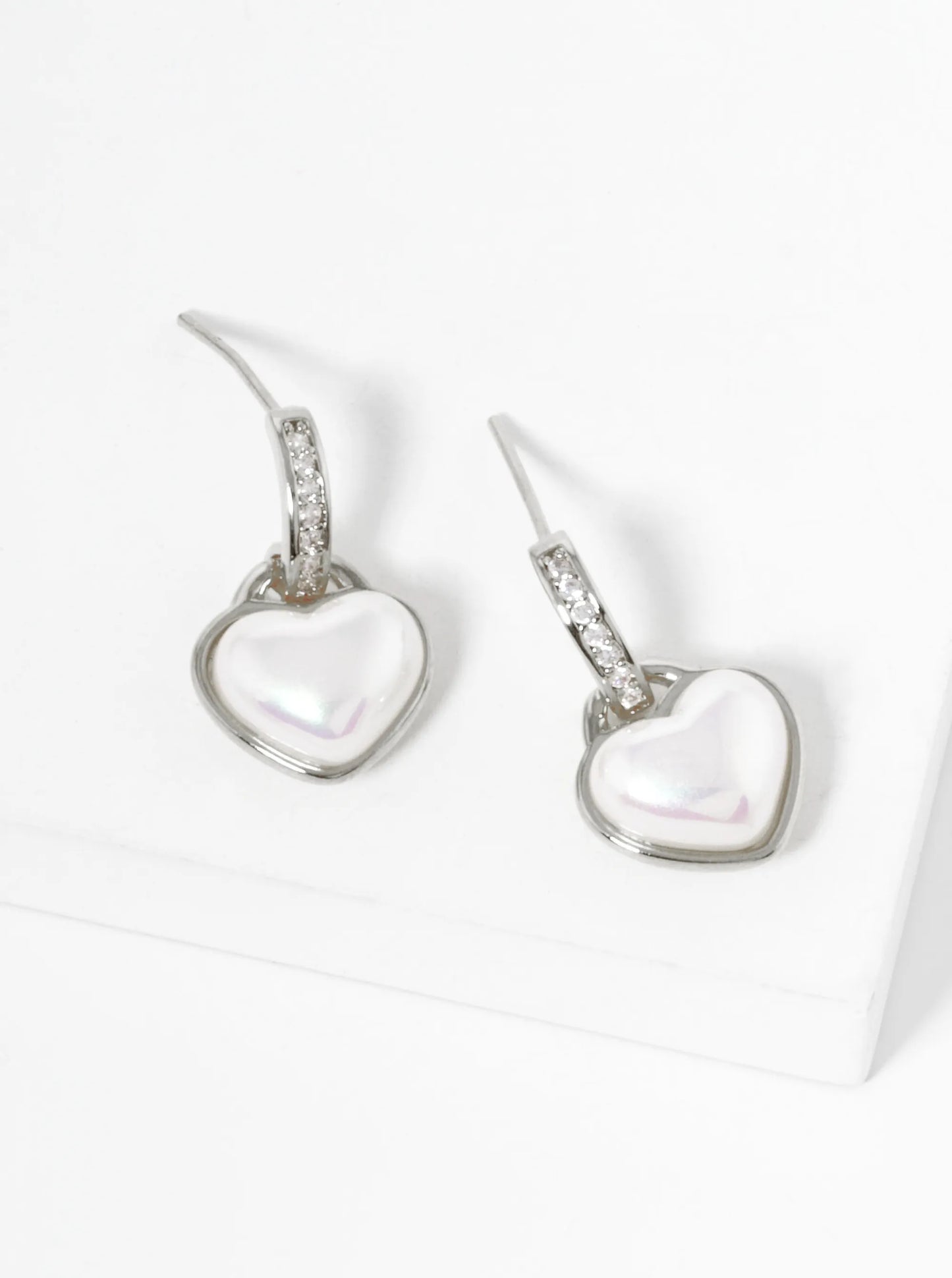 White Gold Dipped Pearl Heart CZ Pave Stud Earrings
