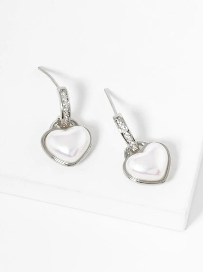 White Gold Dipped Pearl Heart CZ Pave Stud Earrings