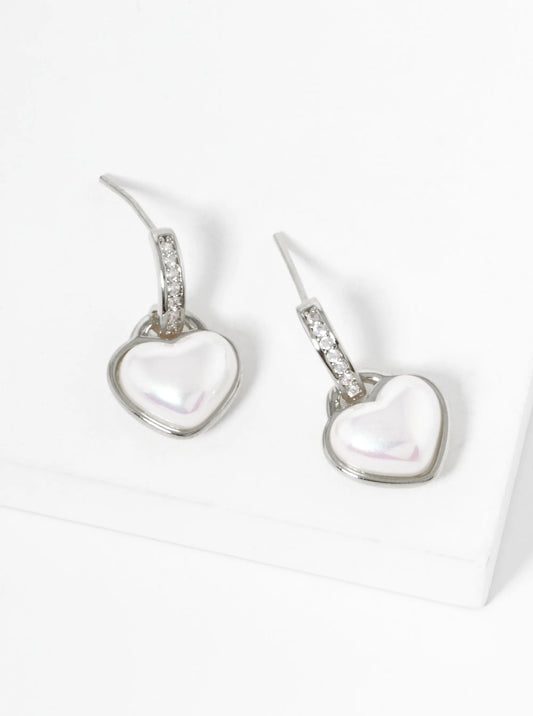 White Gold Dipped Pearl Heart CZ Pave Stud Earrings