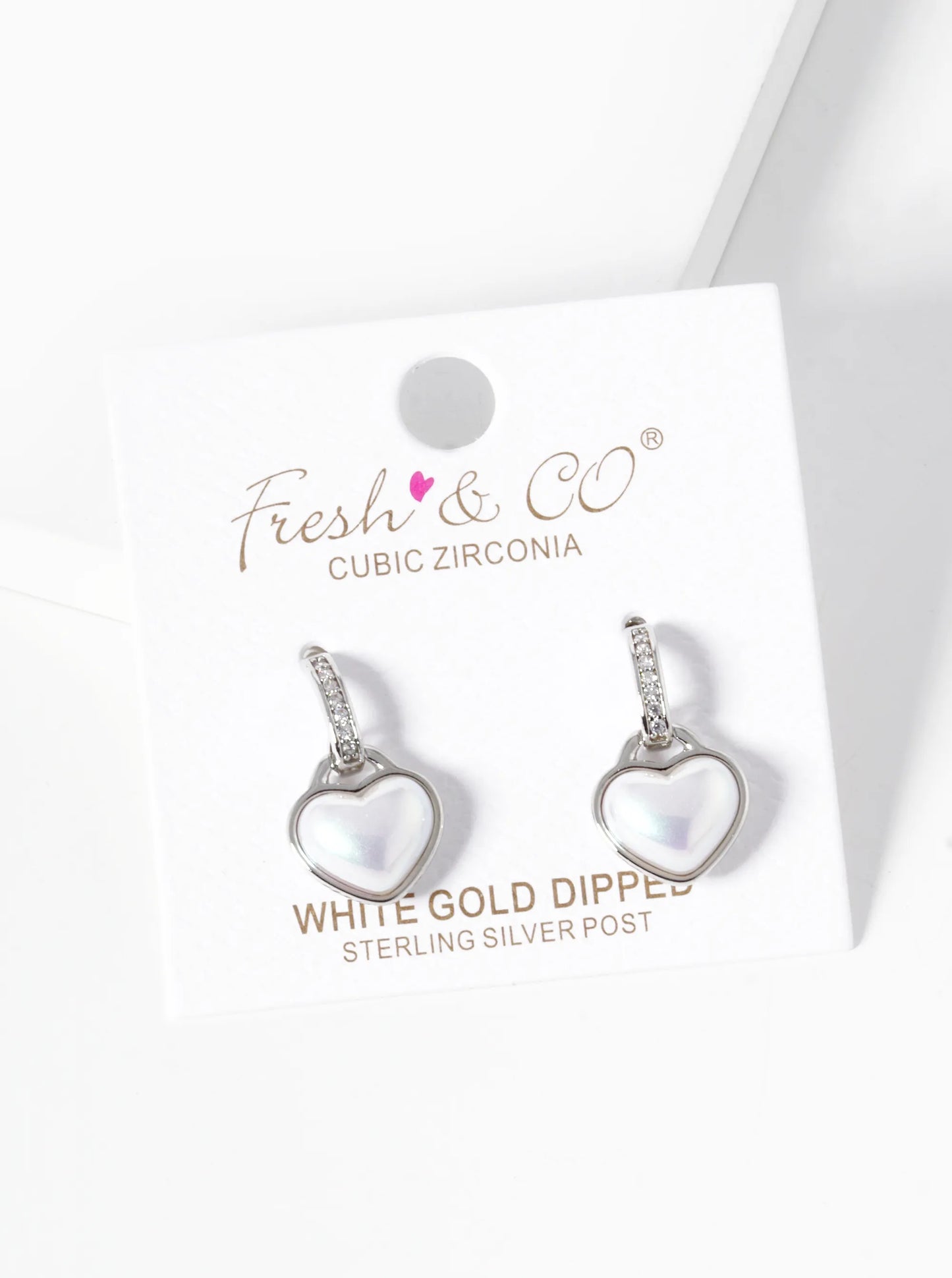 White Gold Dipped Pearl Heart CZ Pave Stud Earrings