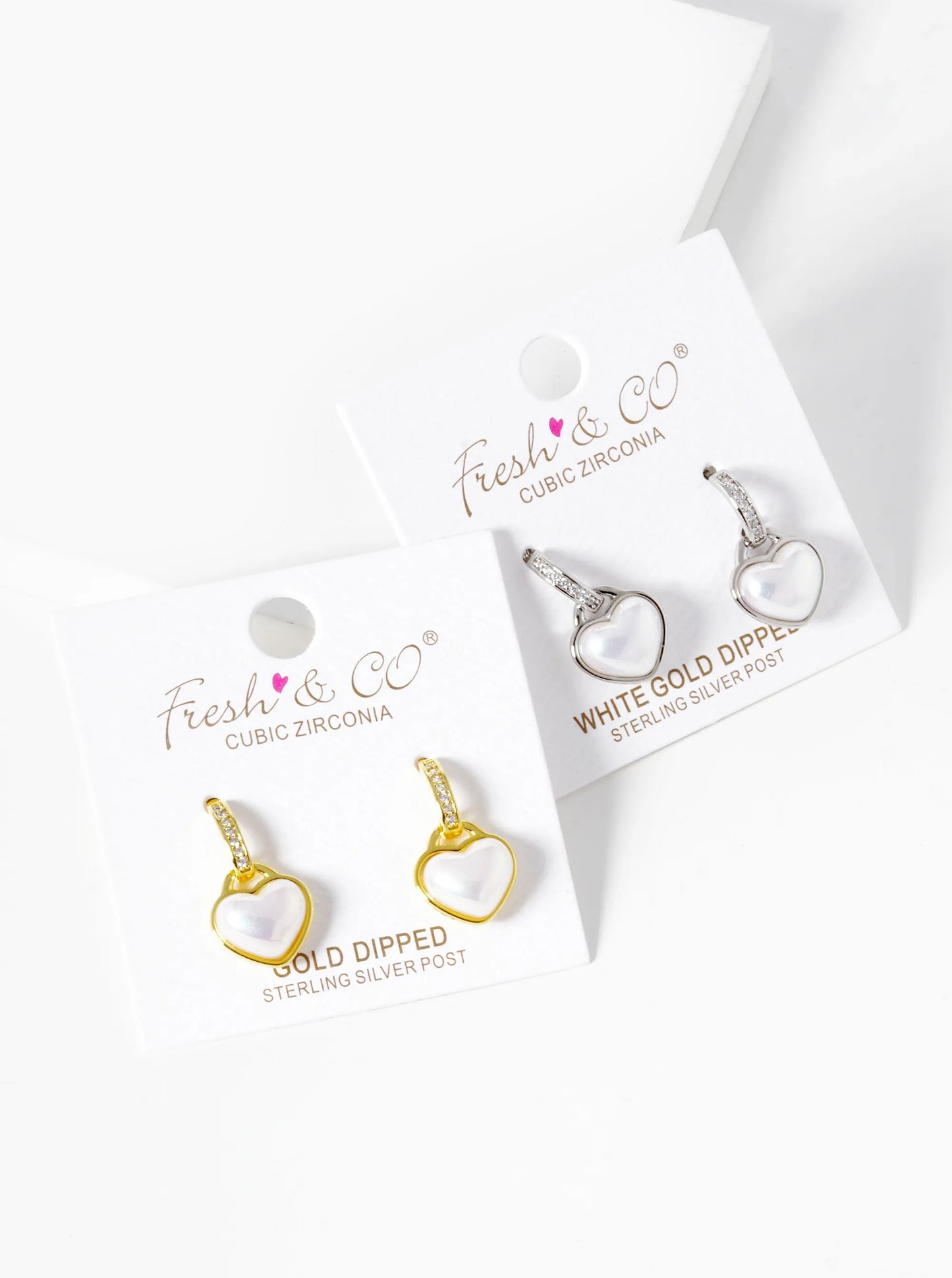 White Gold Dipped Pearl Heart CZ Pave Stud Earrings