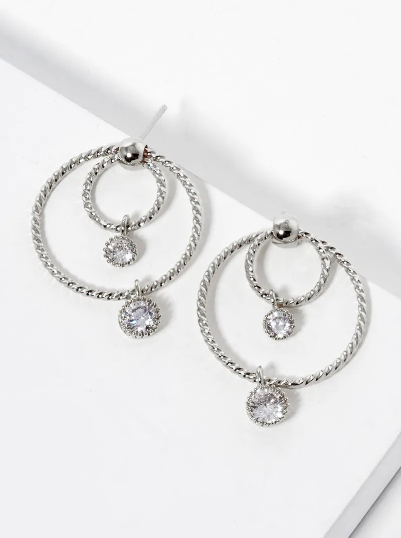 18k Gold Dipped Round CZ Drop Double Circle Post Earrings