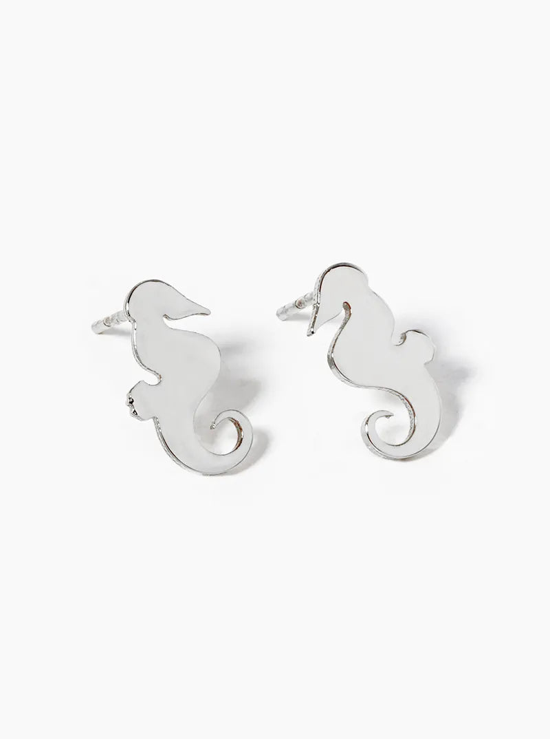 White Gold Dipped Seahorse Post Stud Earrings