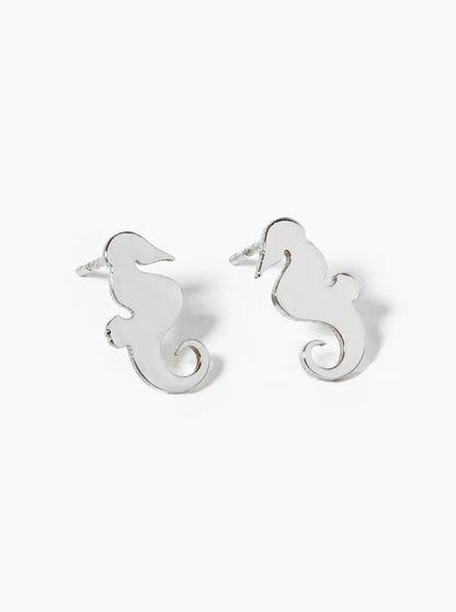White Gold Dipped Seahorse Post Stud Earrings