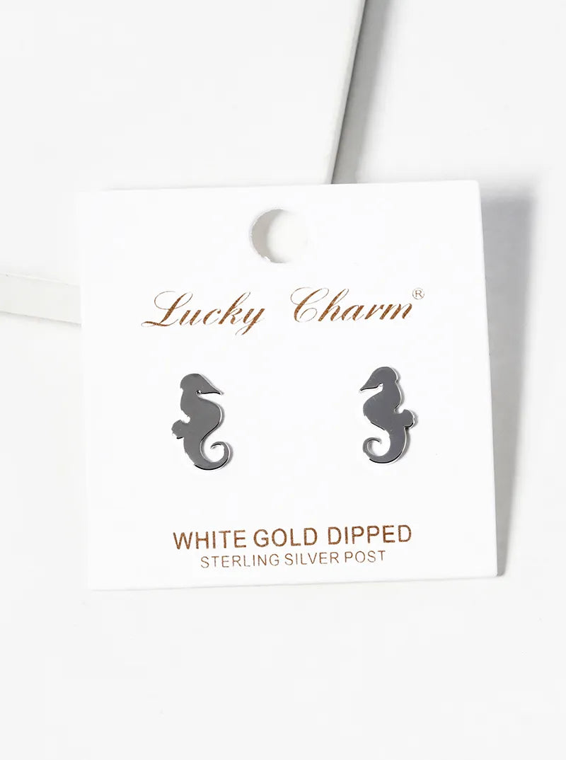 White Gold Dipped Seahorse Post Stud Earrings