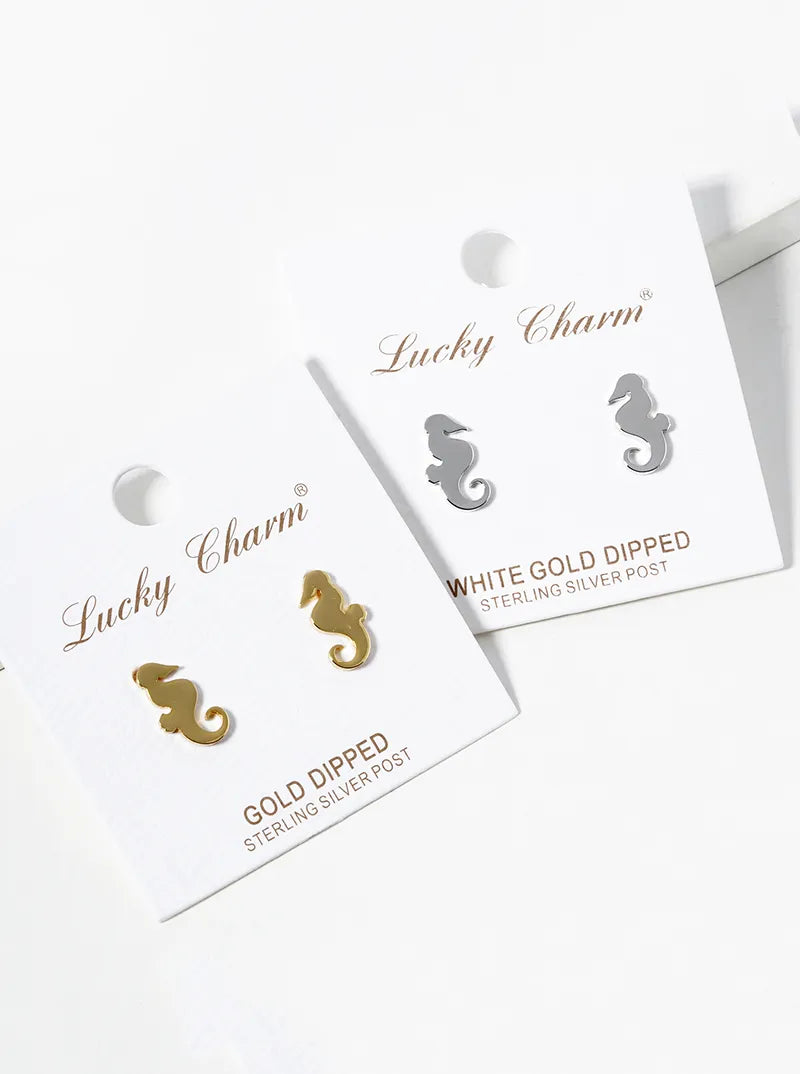 White Gold Dipped Seahorse Post Stud Earrings