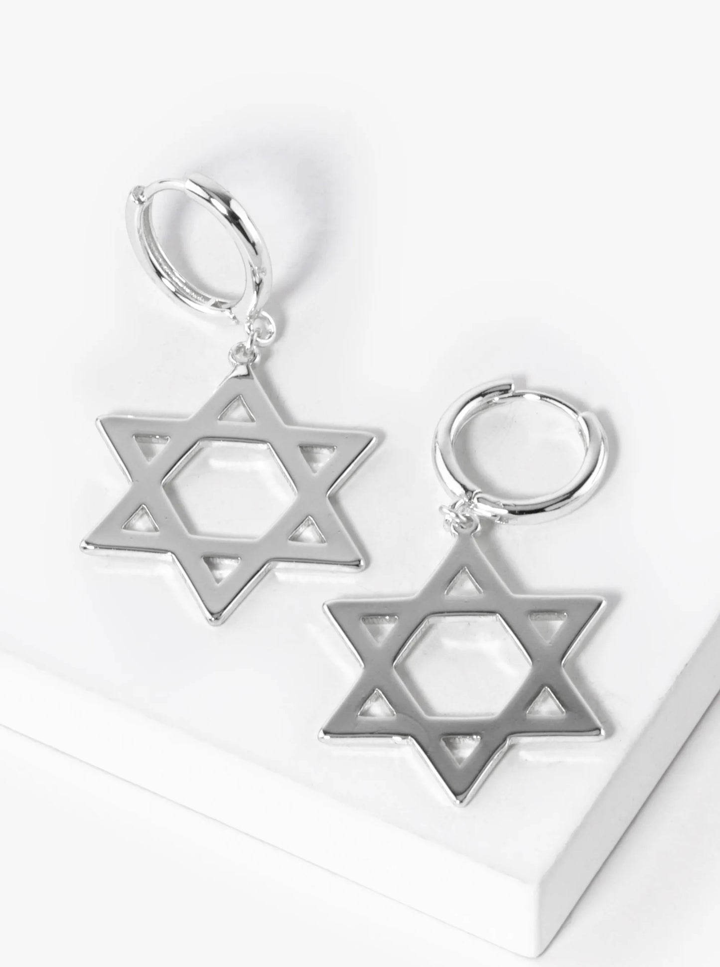 White Gold Dipped Star Of David Drop 12mm Huggie Hoop Earrings