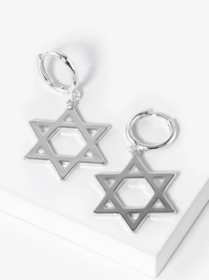 White Gold Dipped Star Of David Drop 12mm Huggie Hoop Earrings