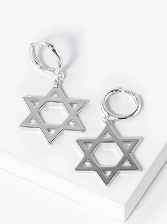 White Gold Dipped Star Of David Drop 12mm Huggie Hoop Earrings