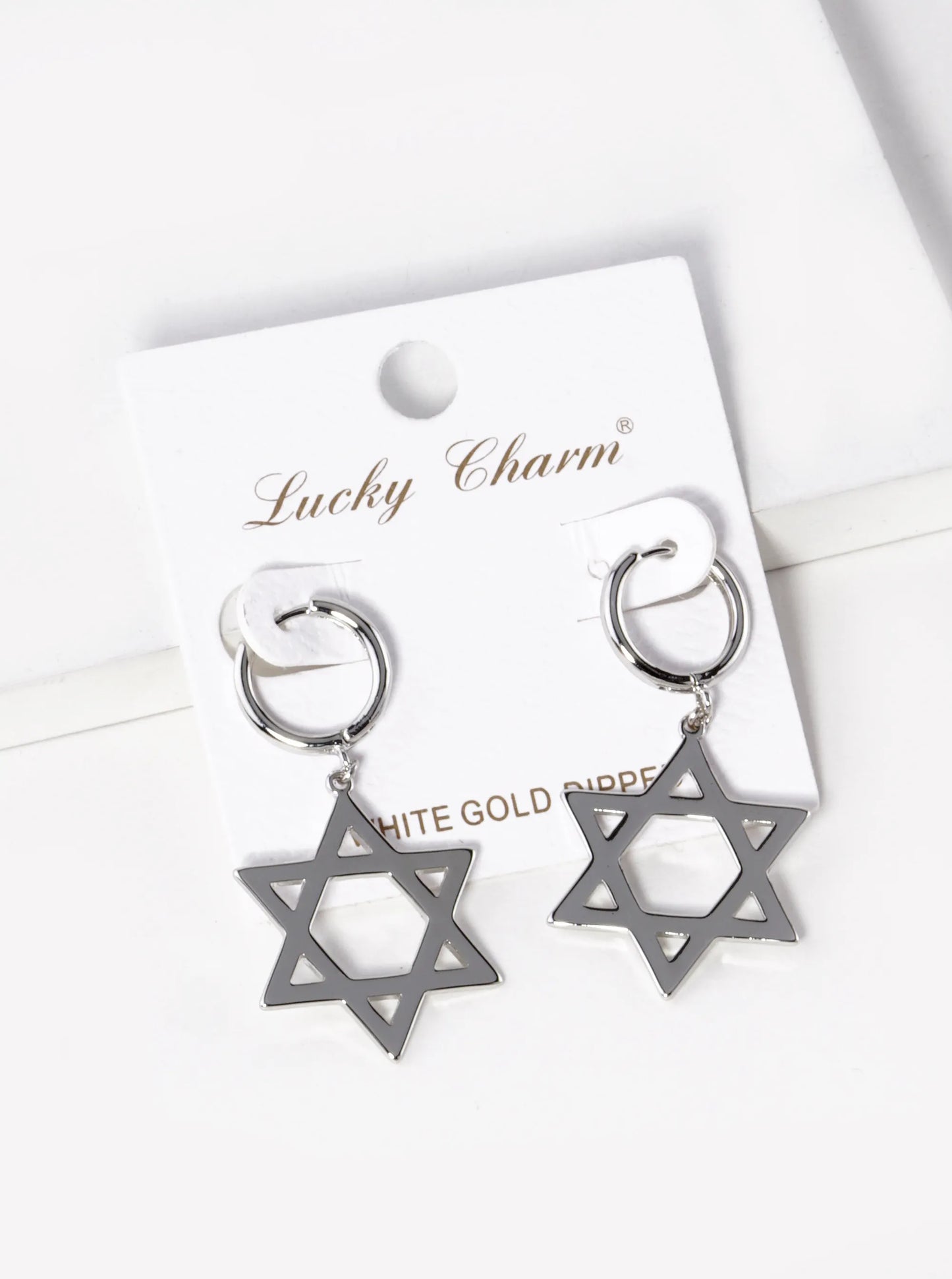 White Gold Dipped Star Of David Drop 12mm Huggie Hoop Earrings