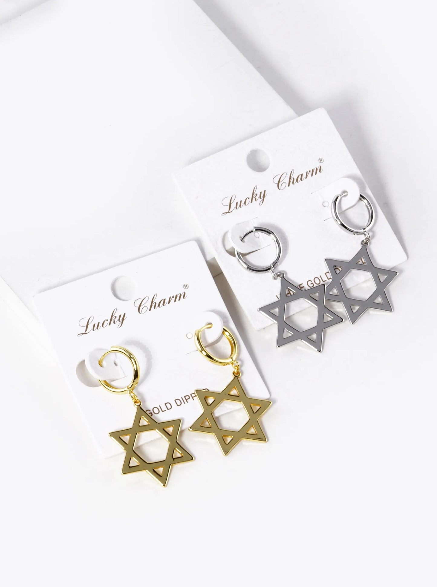 White Gold Dipped Star Of David Drop 12mm Huggie Hoop Earrings