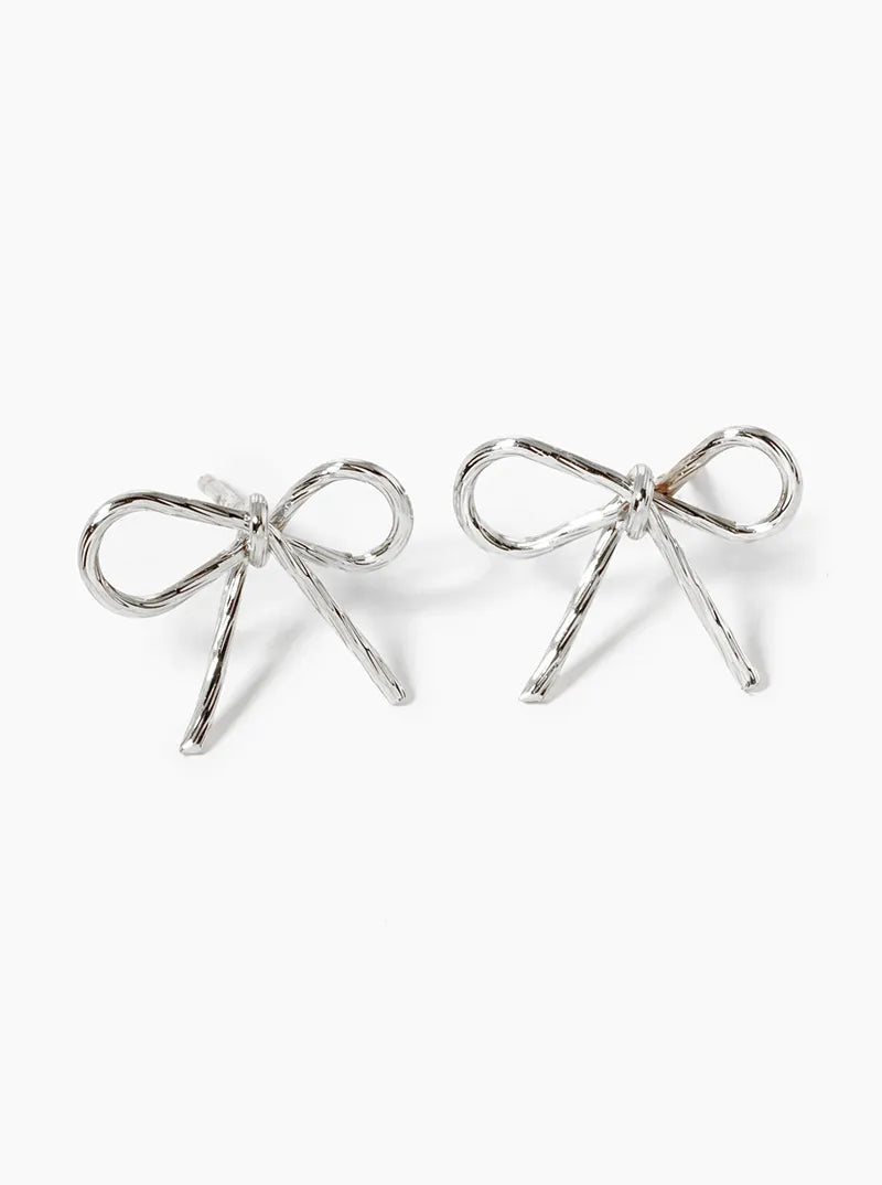 White Gold Dipped Textured Wire Ribbon Bow Post Stud Earrings