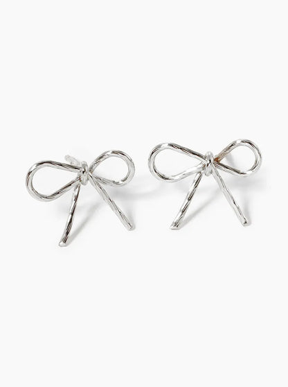 White Gold Dipped Textured Wire Ribbon Bow Post Stud Earrings
