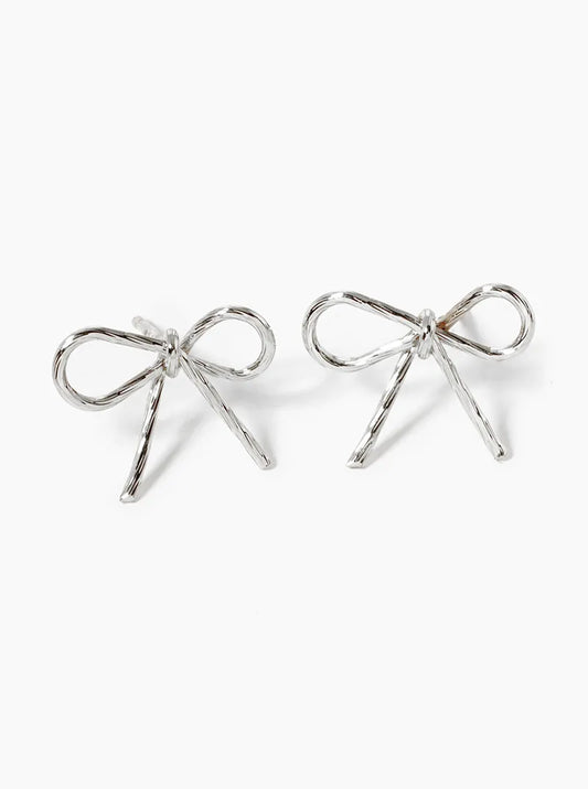 White Gold Dipped Textured Wire Ribbon Bow Post Stud Earrings
