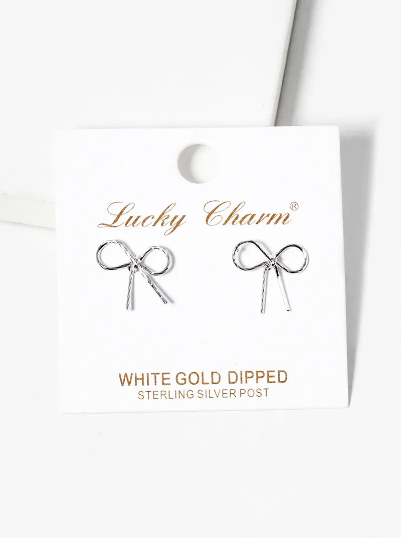 White Gold Dipped Textured Wire Ribbon Bow Post Stud Earrings