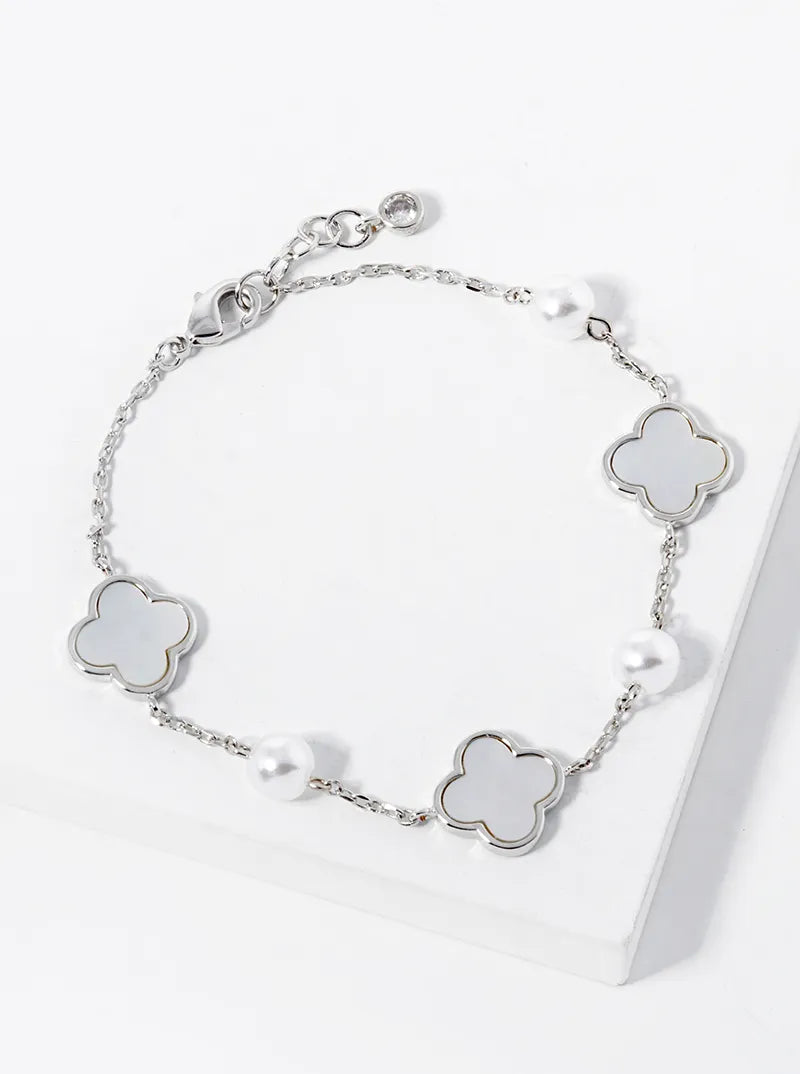 18K Gold Dipped Three 11mm Quatrefoil With Pearl Beads Bracelet