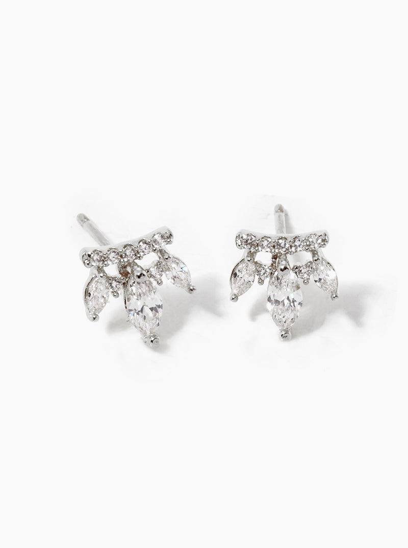 White Gold Dipped Three Marquise CZ Stones Drop Post Stud Earrings