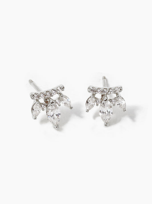 White Gold Dipped Three Marquise CZ Stones Drop Post Stud Earrings
