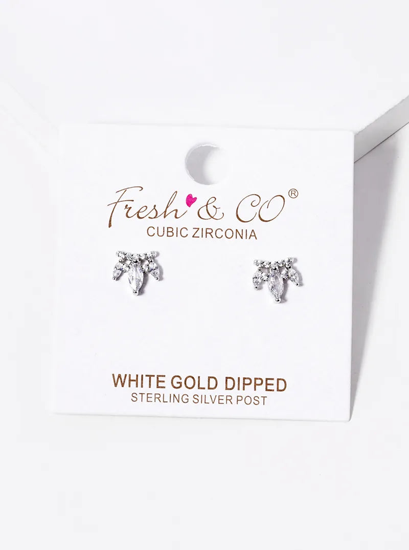 White Gold Dipped Three Marquise CZ Stones Drop Post Stud Earrings