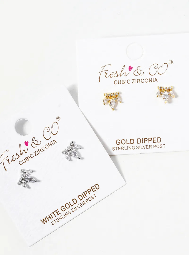 White Gold Dipped Three Marquise CZ Stones Drop Post Stud Earrings