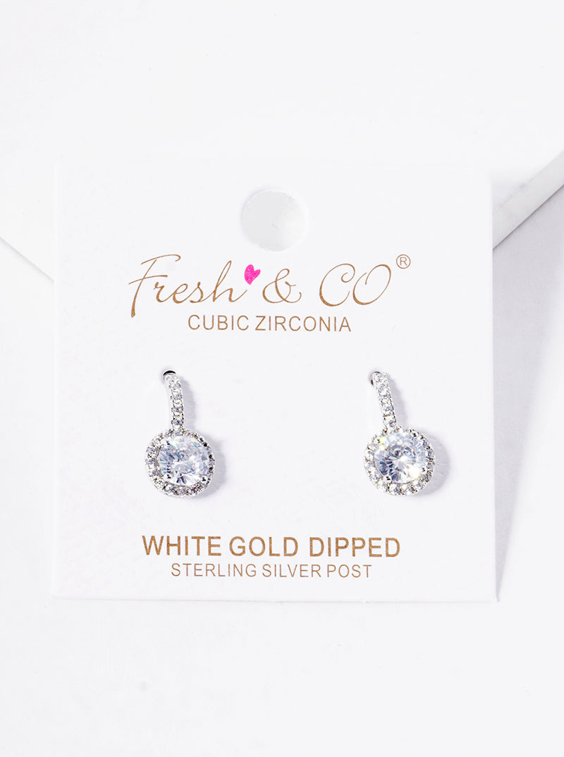 White Gold Dipped 15mm CZ Pave Round Metal Post Stud Earrings