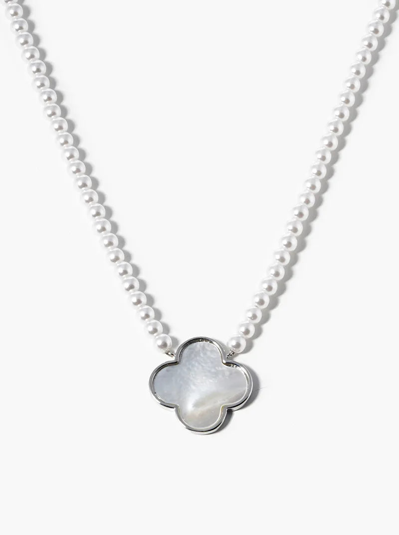 White Gold Dipped 20mm Mother Of Pearl Quatrefoil Pendant Necklace
