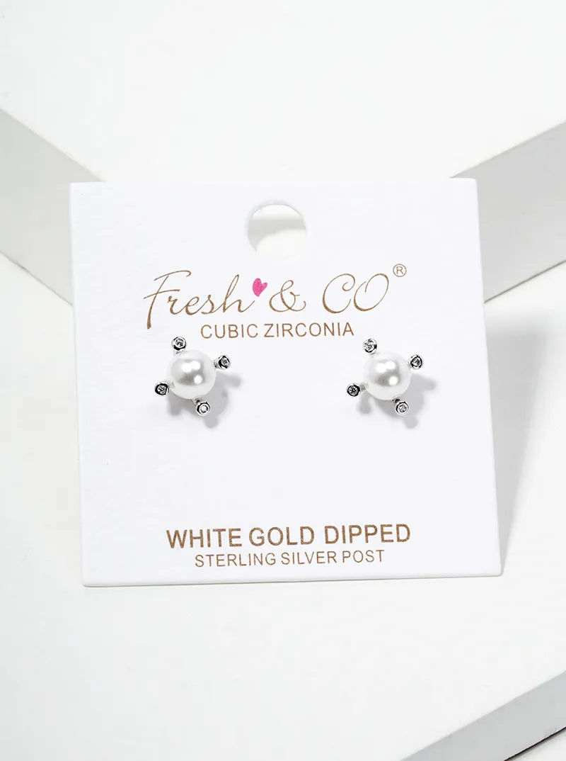White Gold Dipped 6mm Glass Pearl Post Stud Earrings
