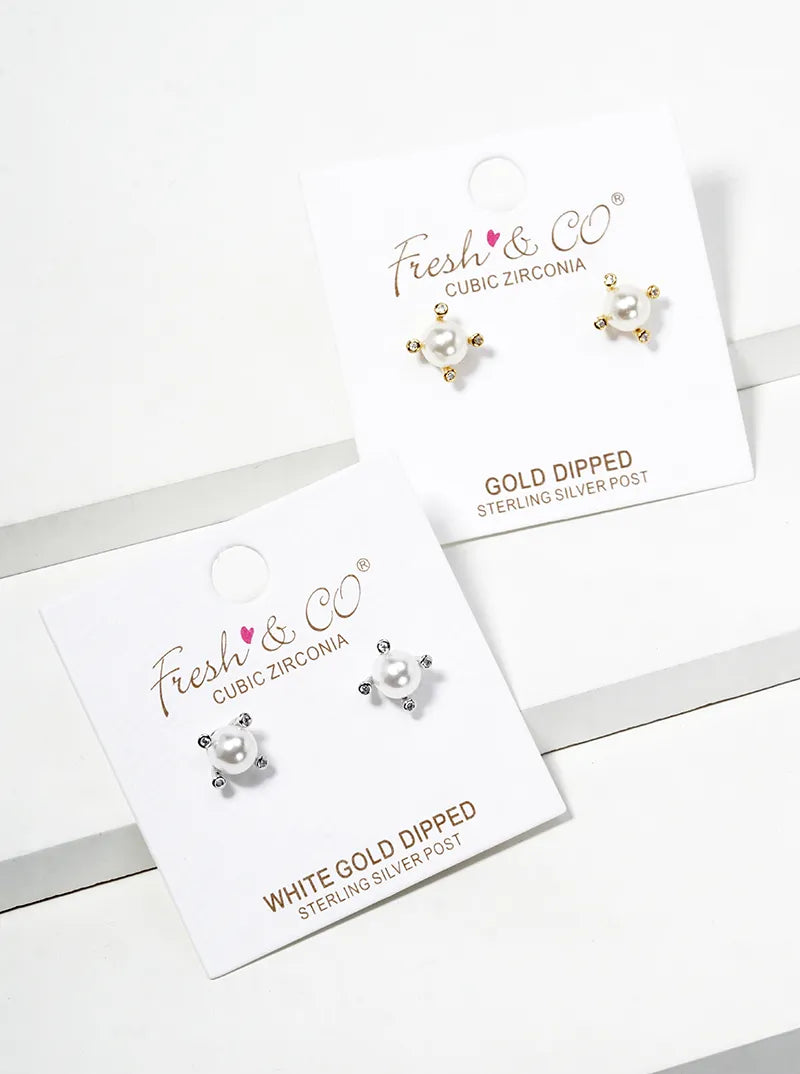 White Gold Dipped 6mm Glass Pearl Post Stud Earrings