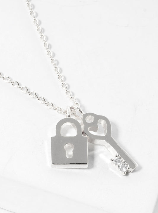 White Gold Dipped CZ  Padlock And Heart Key Pendant Delicate Necklace