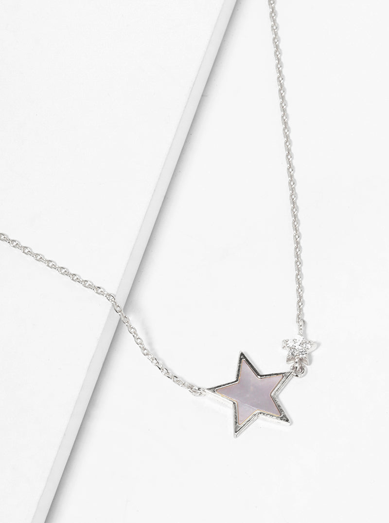 White Gold Dipped CZ MOP Double Star Pendant Delicate Necklace