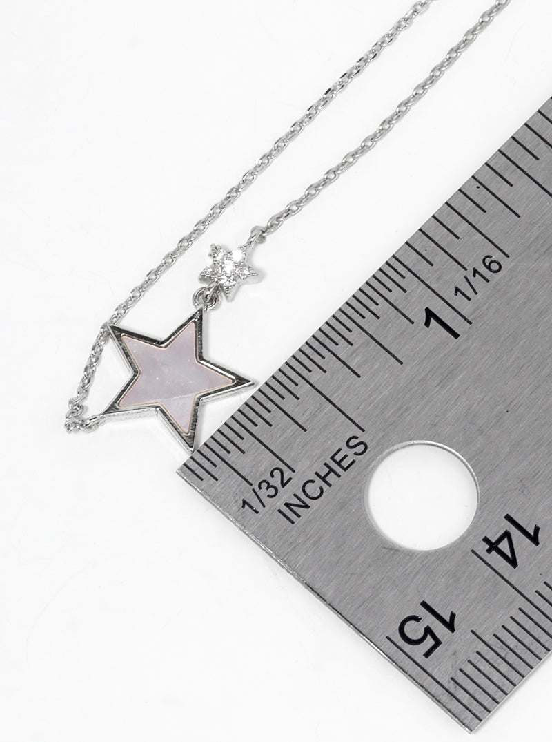 White Gold Dipped CZ MOP Double Star Pendant Delicate Necklace
