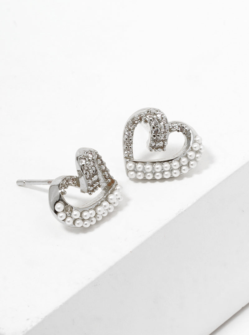 White Gold Dipped CZ And Glass Pearl Beaded Heart Post Stud Earrings