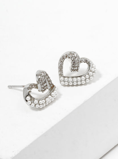 White Gold Dipped CZ And Glass Pearl Beaded Heart Post Stud Earrings