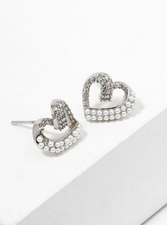 White Gold Dipped CZ And Glass Pearl Beaded Heart Post Stud Earrings