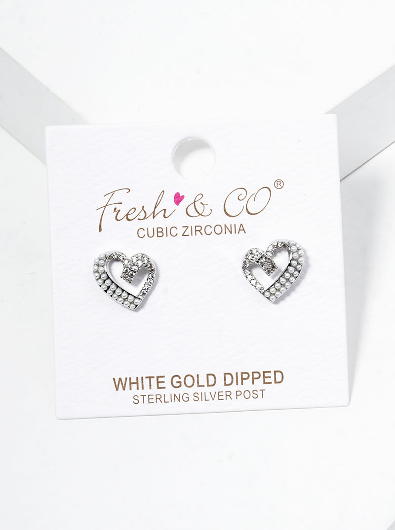 White Gold Dipped CZ And Glass Pearl Beaded Heart Post Stud Earrings