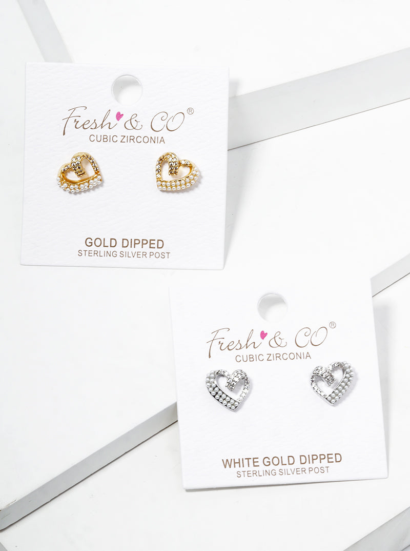 White Gold Dipped CZ And Glass Pearl Beaded Heart Post Stud Earrings